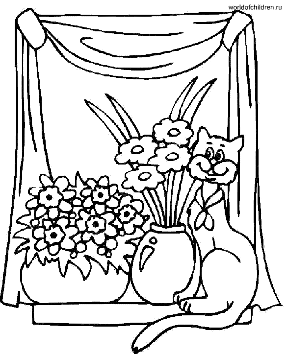 Раскраска Кот на окне с цветами