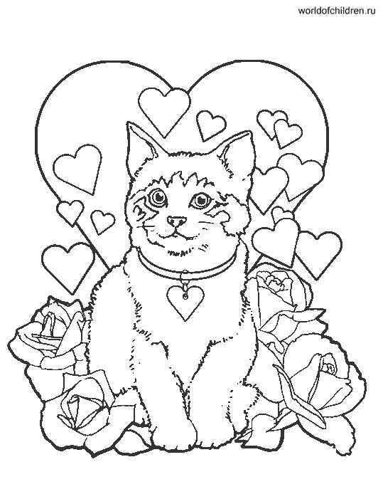 Раскраска Кошка с сердцами и розами