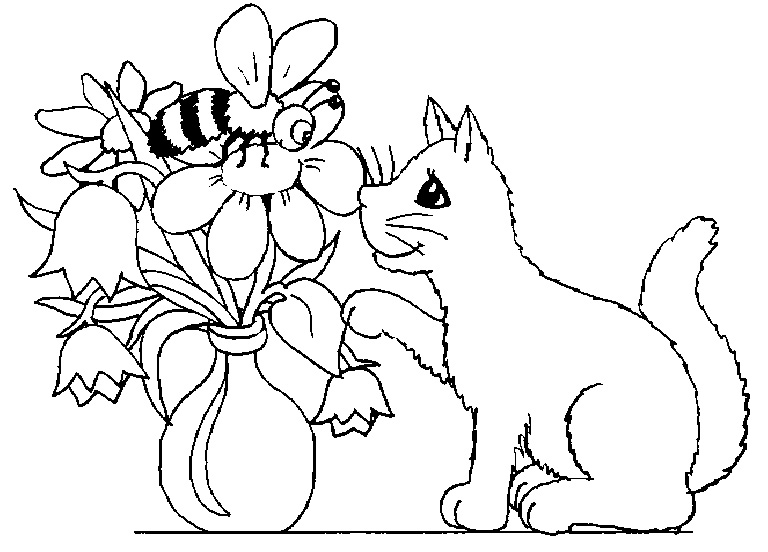 Раскраска Кот рядом с вазой и пчелой