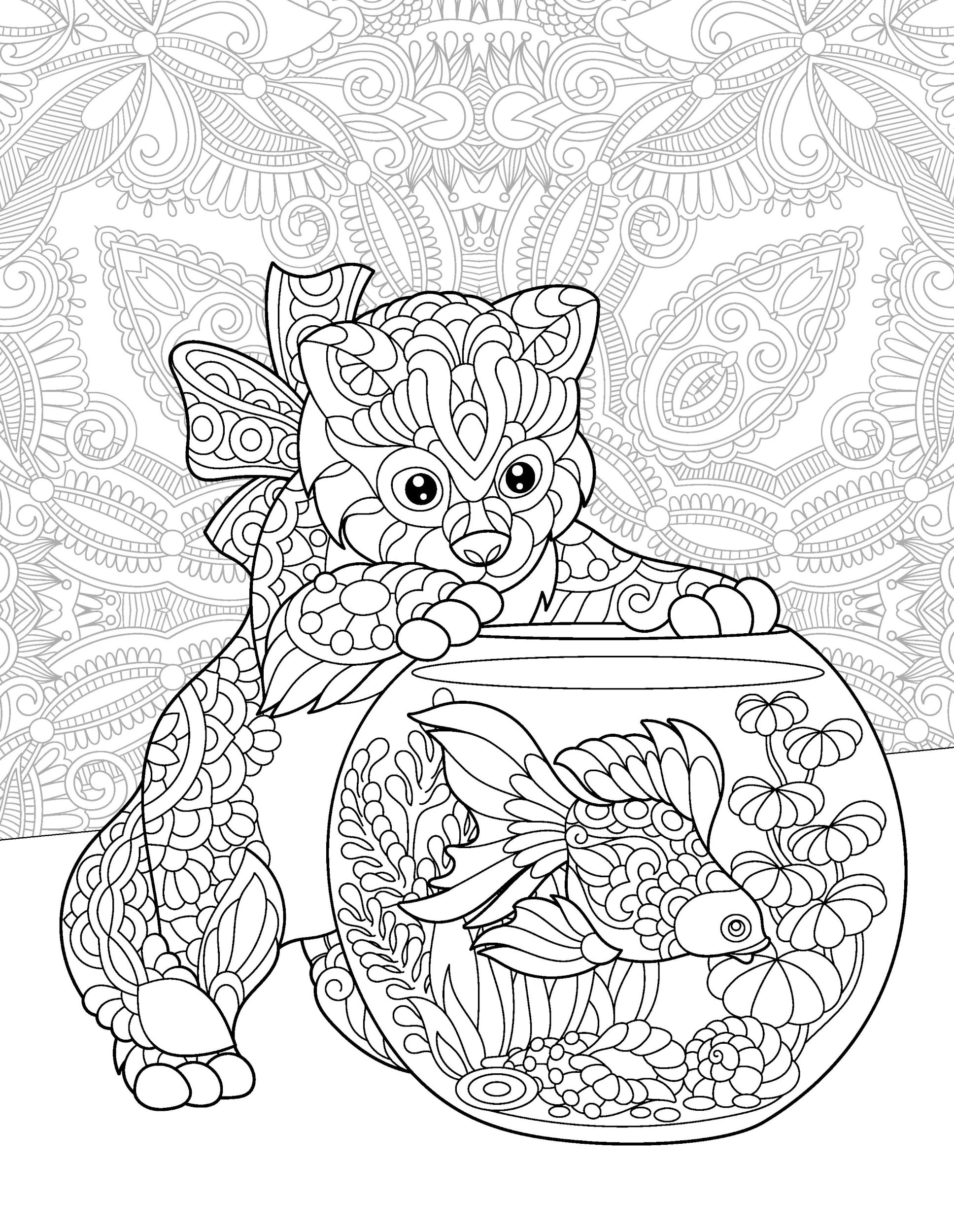 Раскраска Релакс кот и аквариум