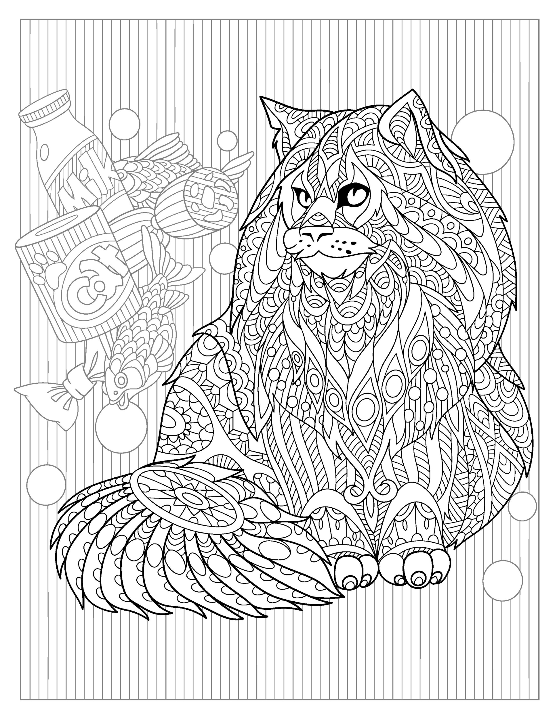 Раскраска Релакс пушистый кот и еда