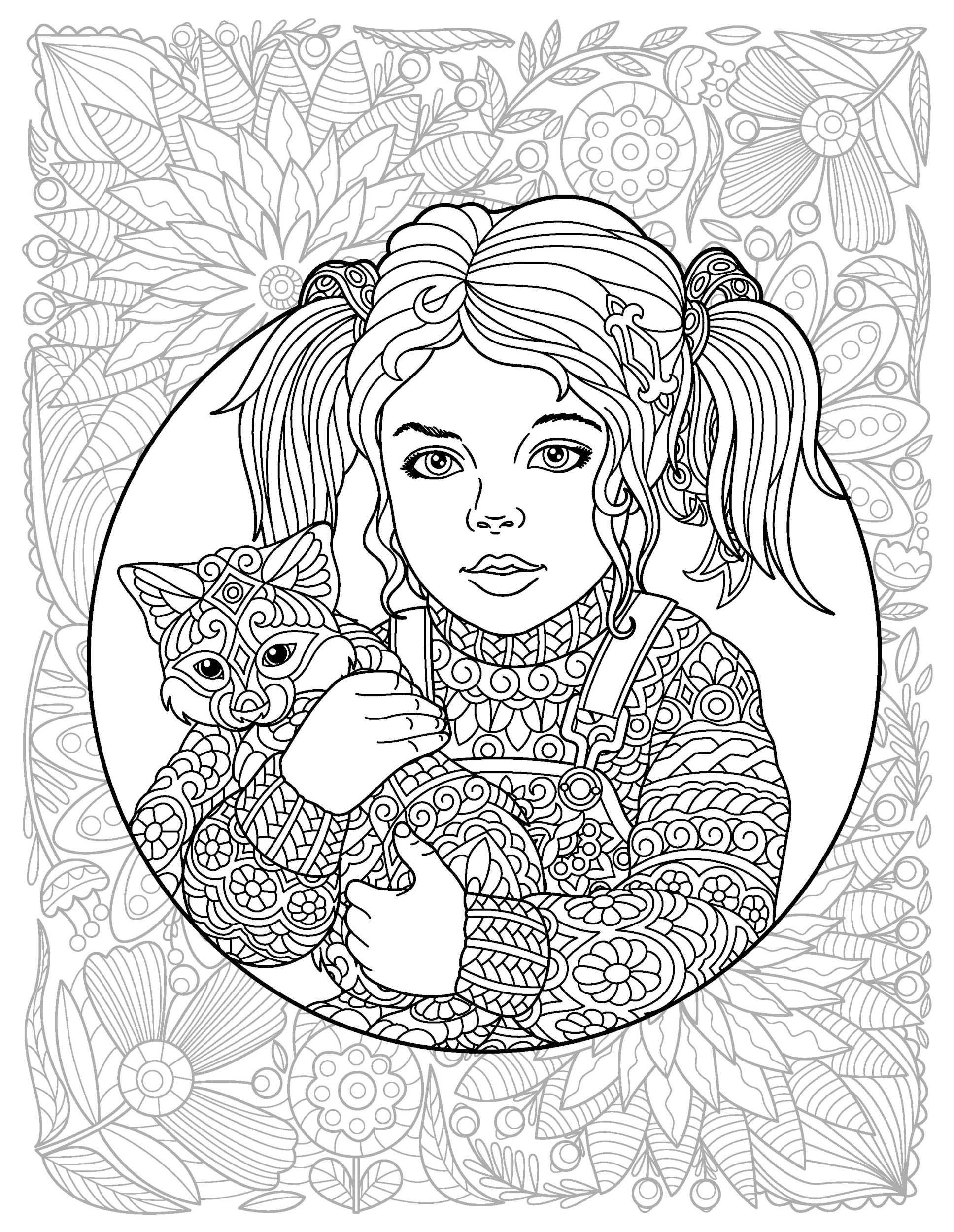 Раскраска Релакс девочка в свитере и кот