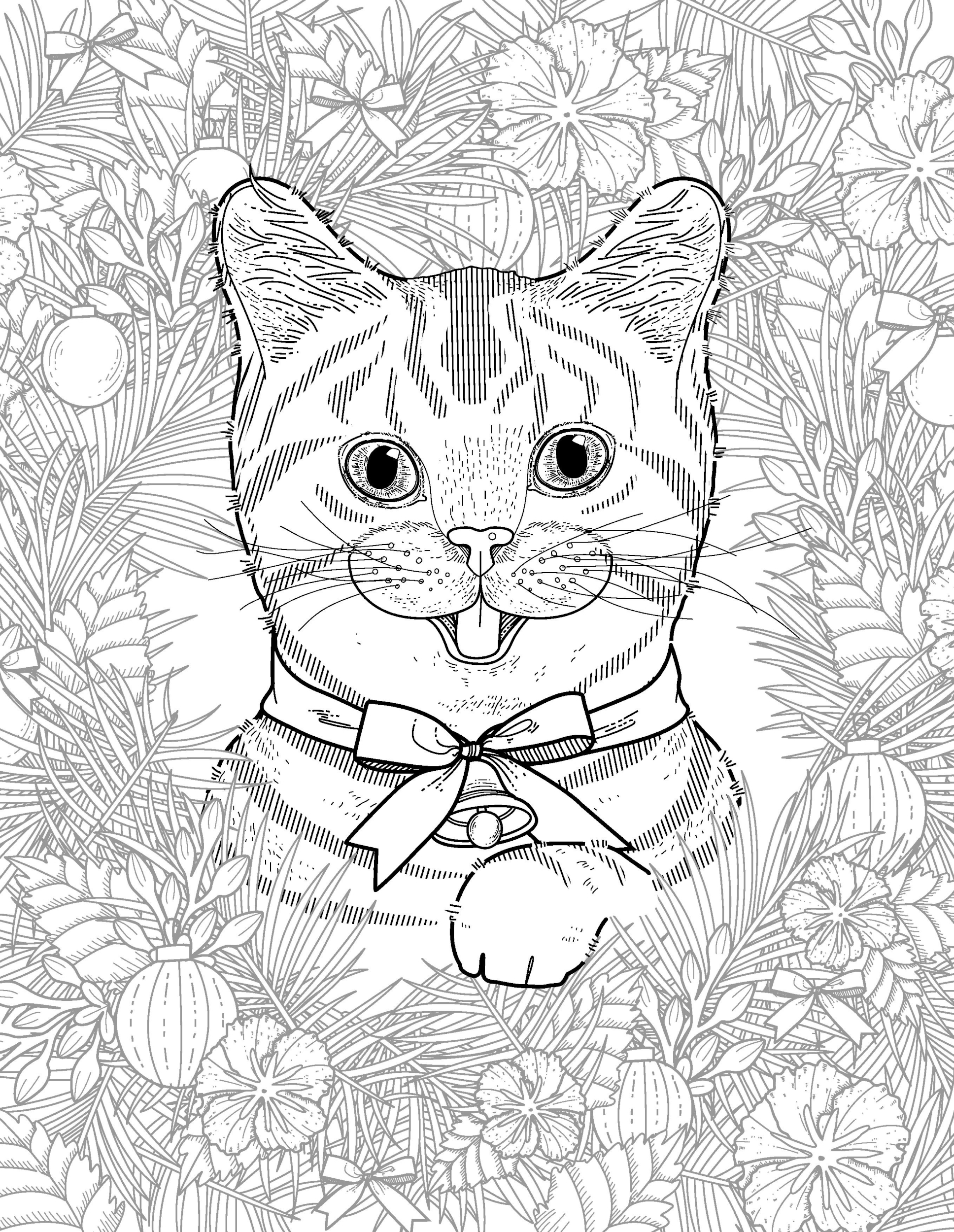 Раскраска Релакс котик с бантиком в елке