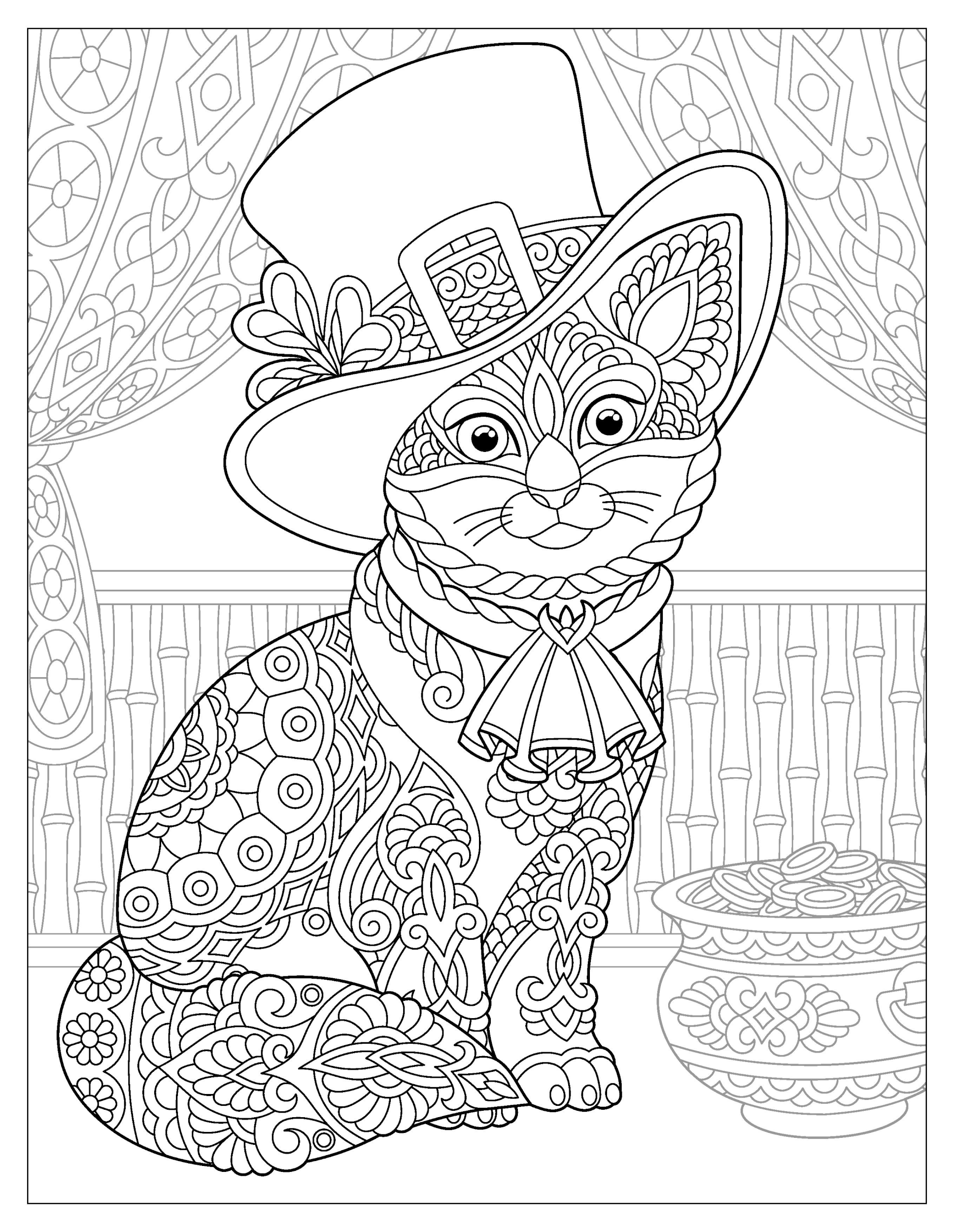 Раскраска Релакс кот в шляпе леприкона