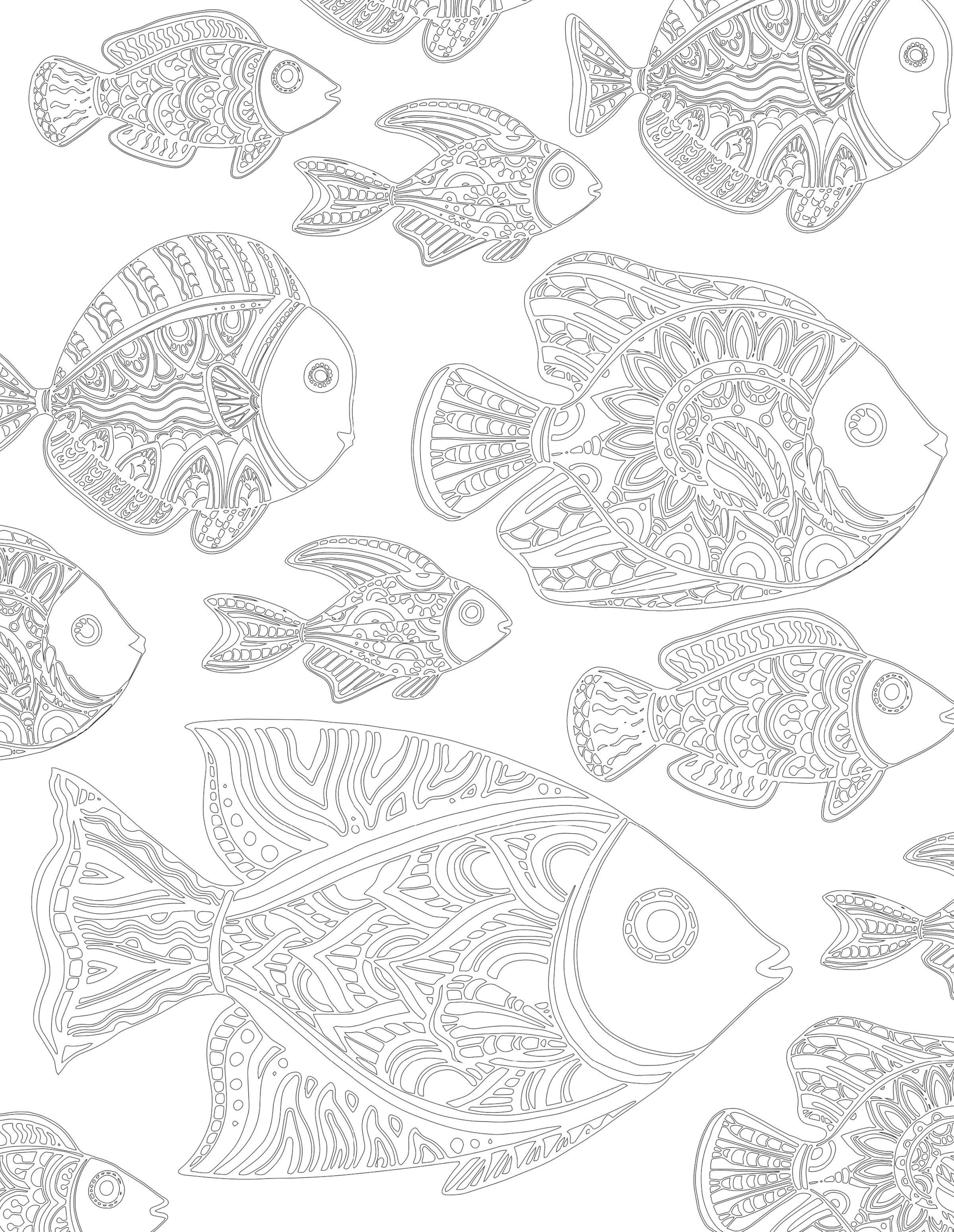 Раскраска Антистресс разные виды рыб