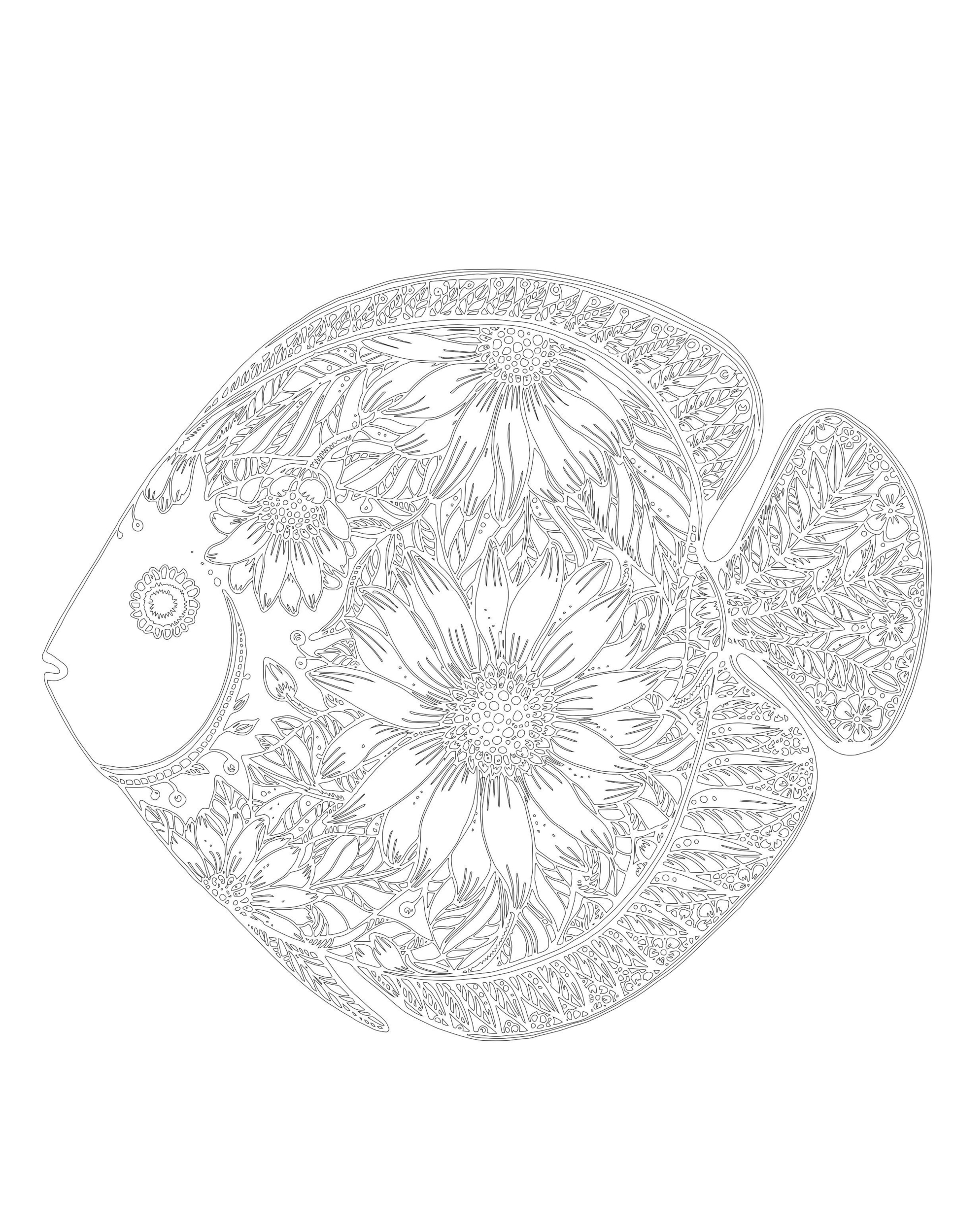 Раскраска Антистресс плоская рыба с цветами