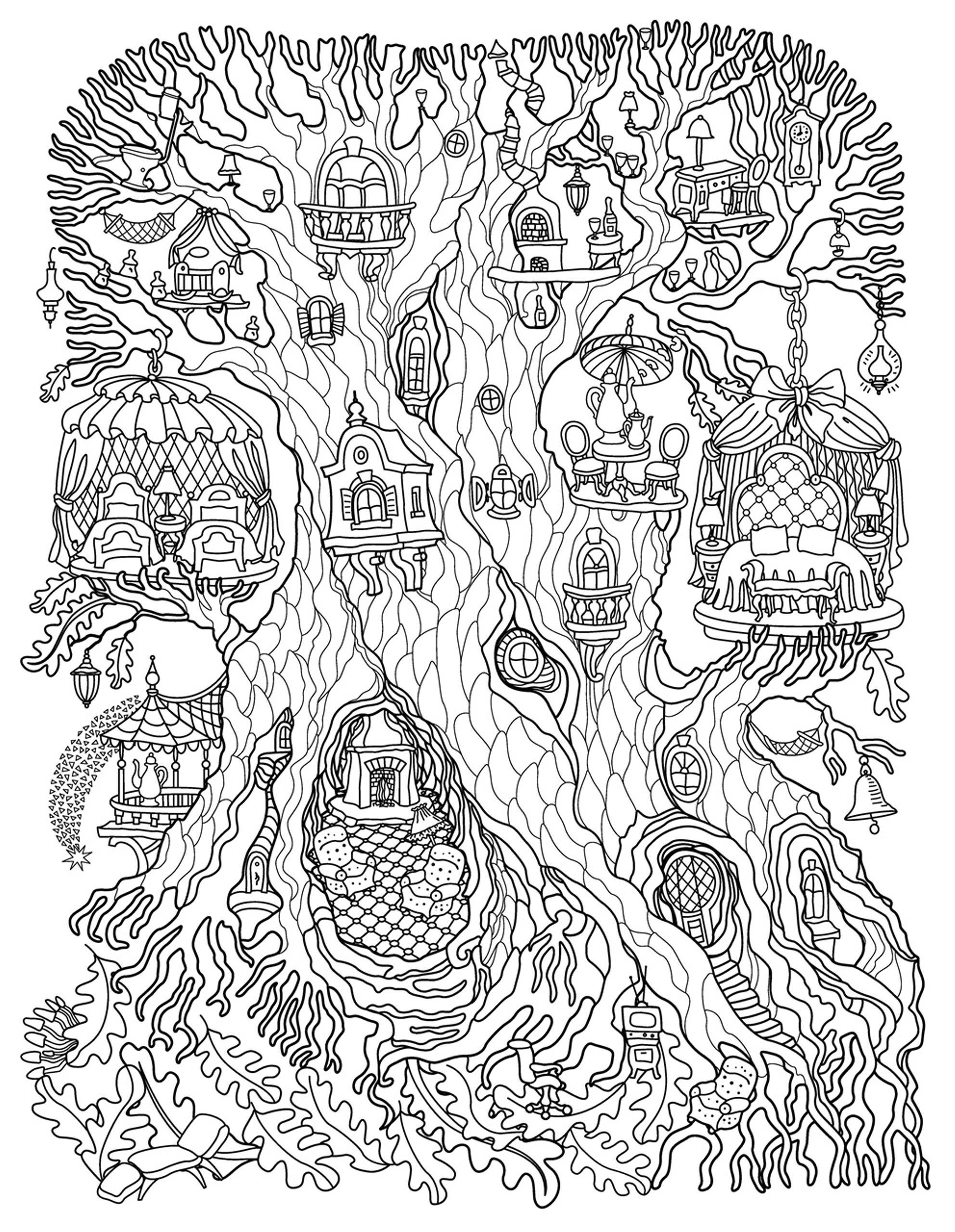 Раскраска Релакс волшебный городок на дереве