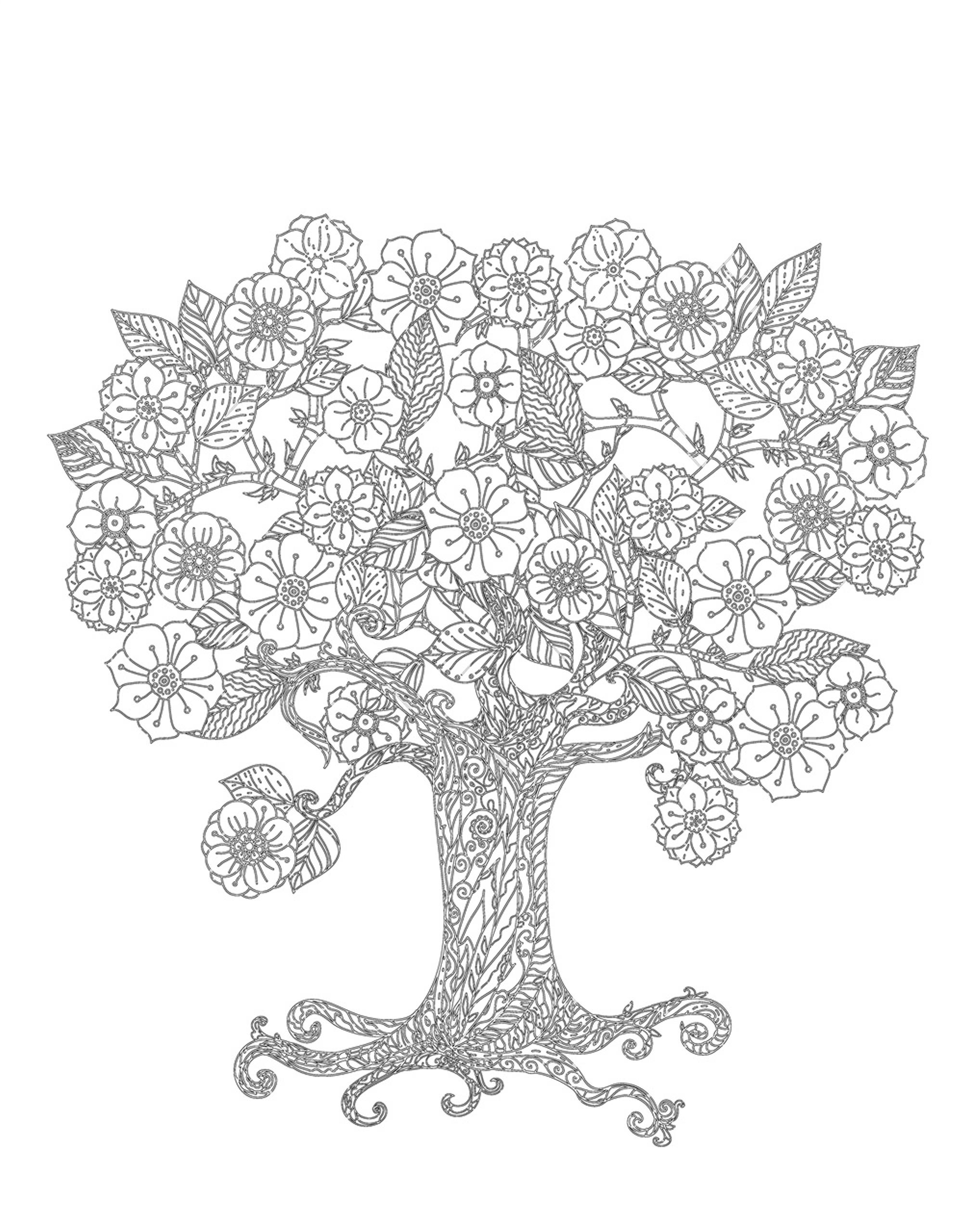 Раскраска Антистресс цветущее дерево