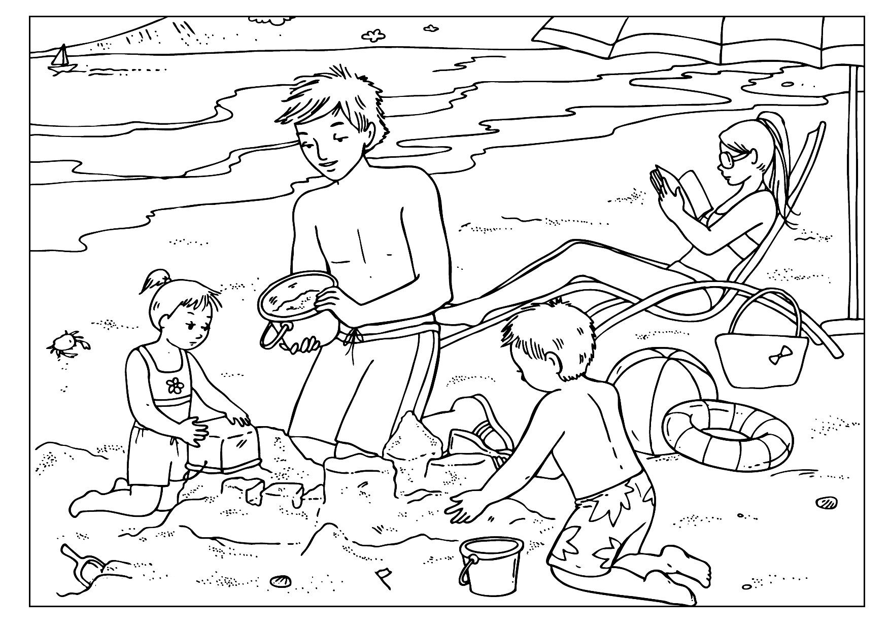 семья на пляже раскраска
