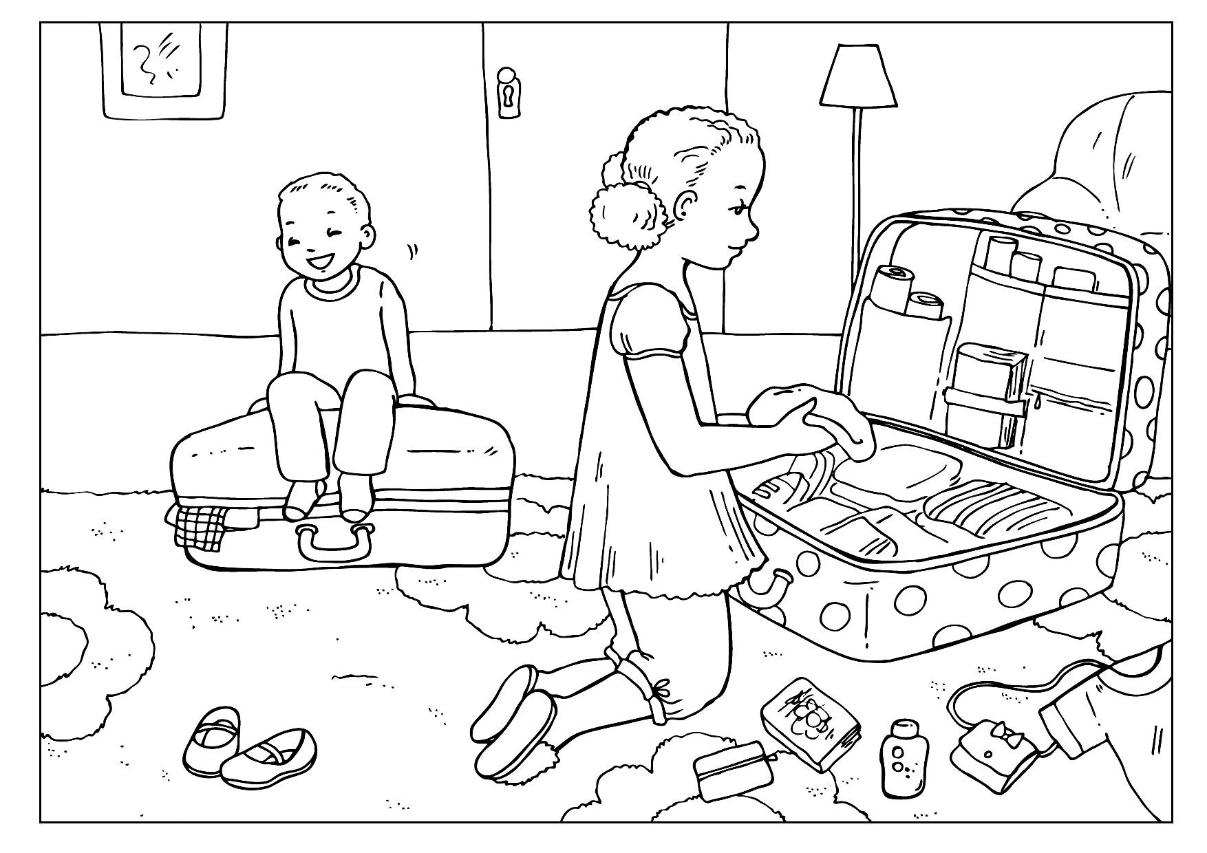 дети с чемоданами раскраска