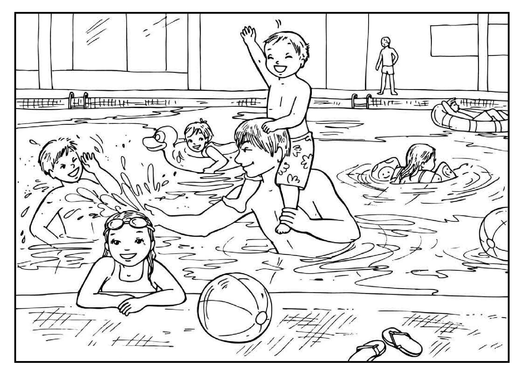 папа и дети в бассейне раскраска