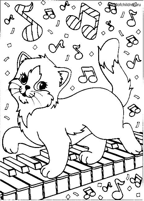 Раскраска Кошечка музыкант на рояле с нотами