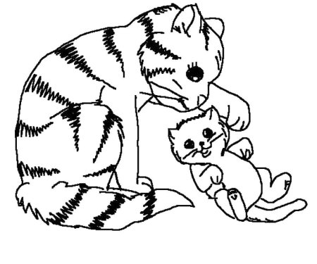 Раскраска Полосатая кошка с котенком