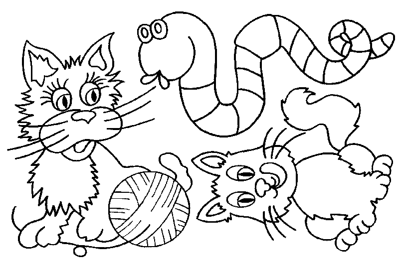 Раскраска Коты, клубок и змея
