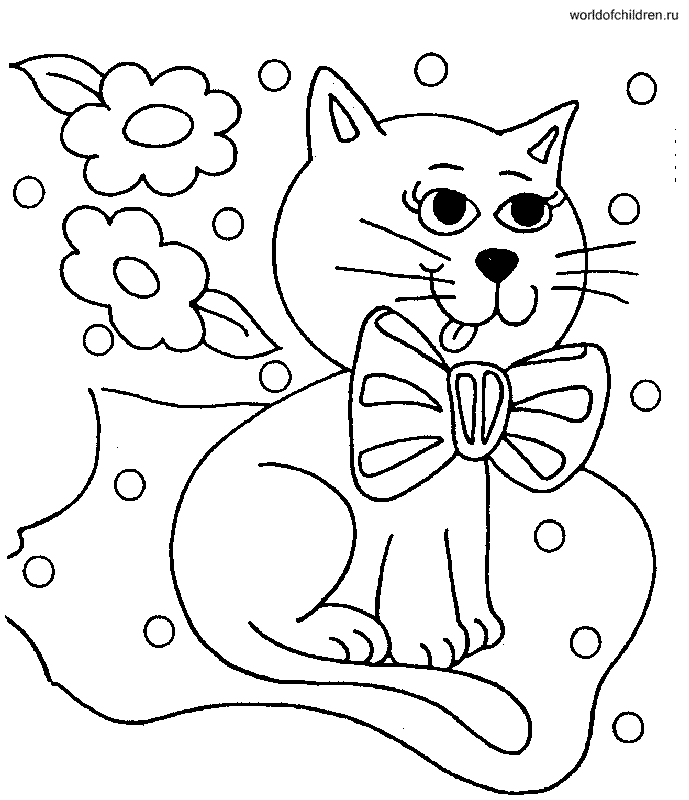 Раскраска Кот с бантом на шее и с цветами