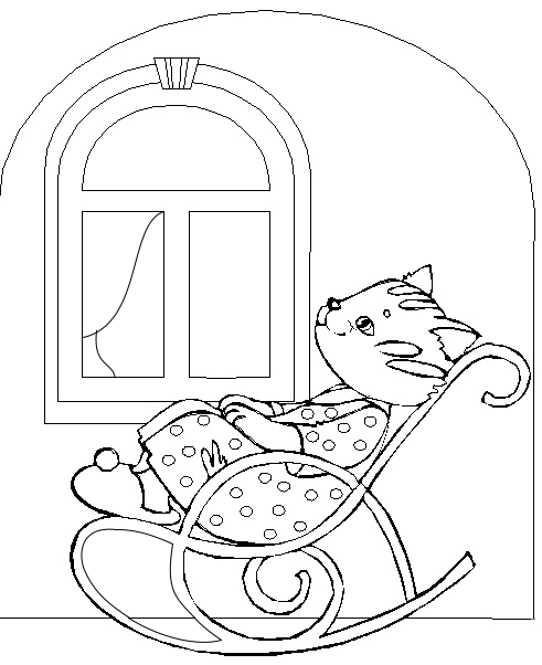 Раскраска Кошка в тапочках сидит в кресле-качалке