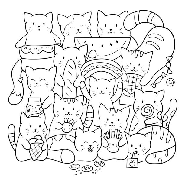 Раскраска Много котов и еда