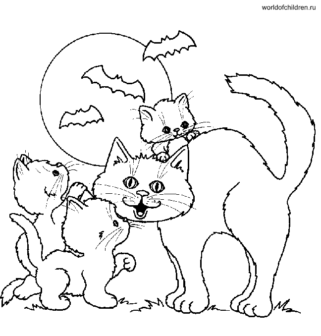 Раскраска Кошка с котятами и летучими мышами