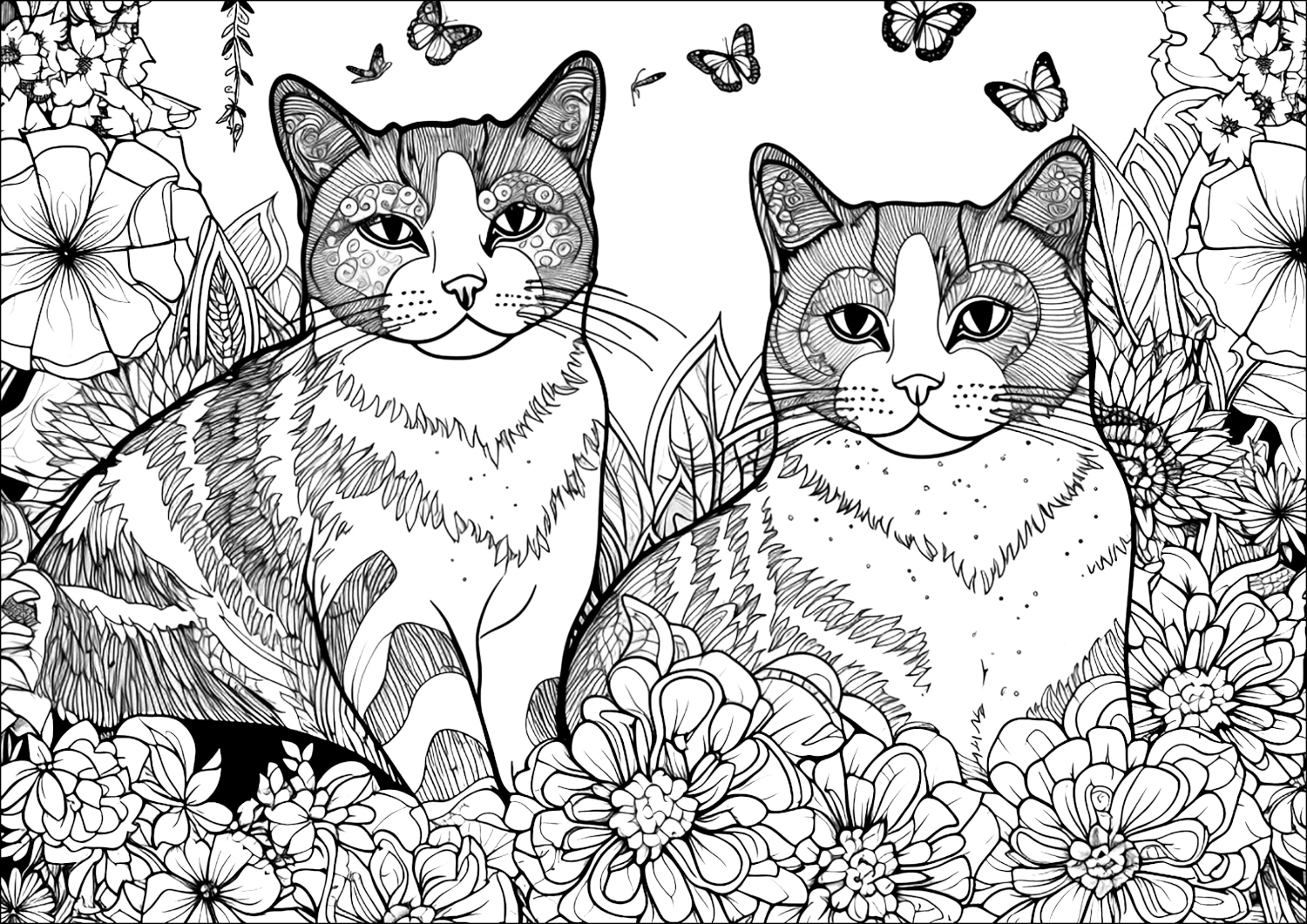 Раскраска Два кота в цветах