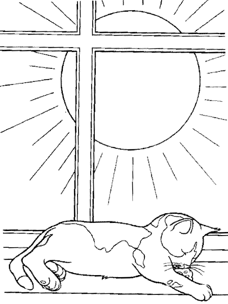 Раскраска Кошка лежит на окне на солнце