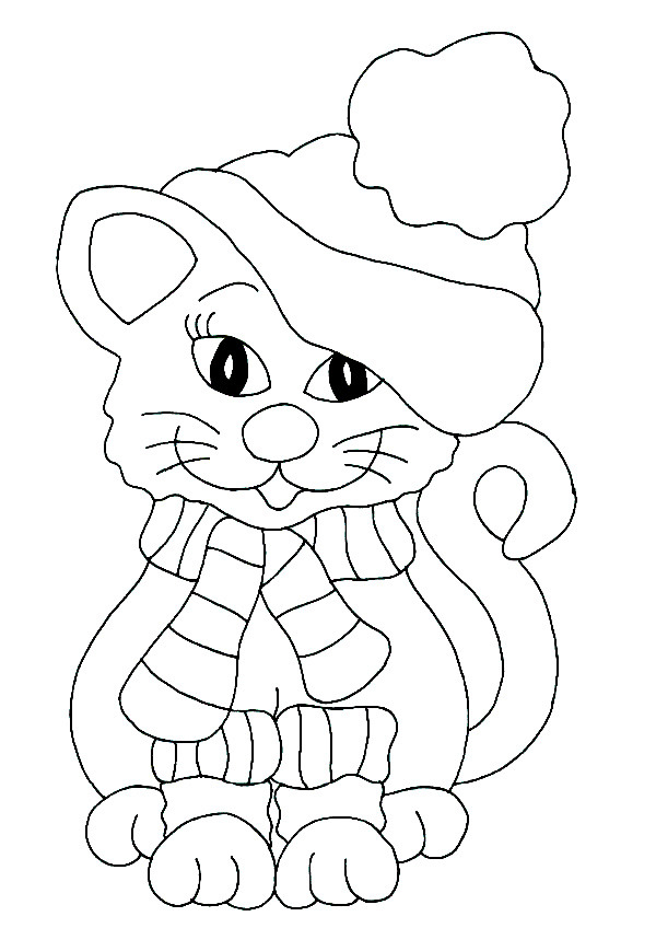 Раскраска Кот в шапке и шарфе
