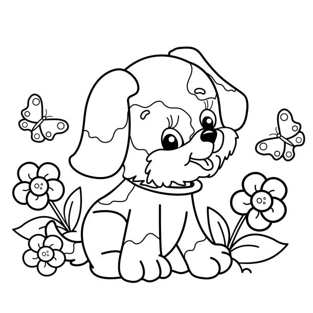 Раскраска Мультяшный щенок с бабочками и цветами