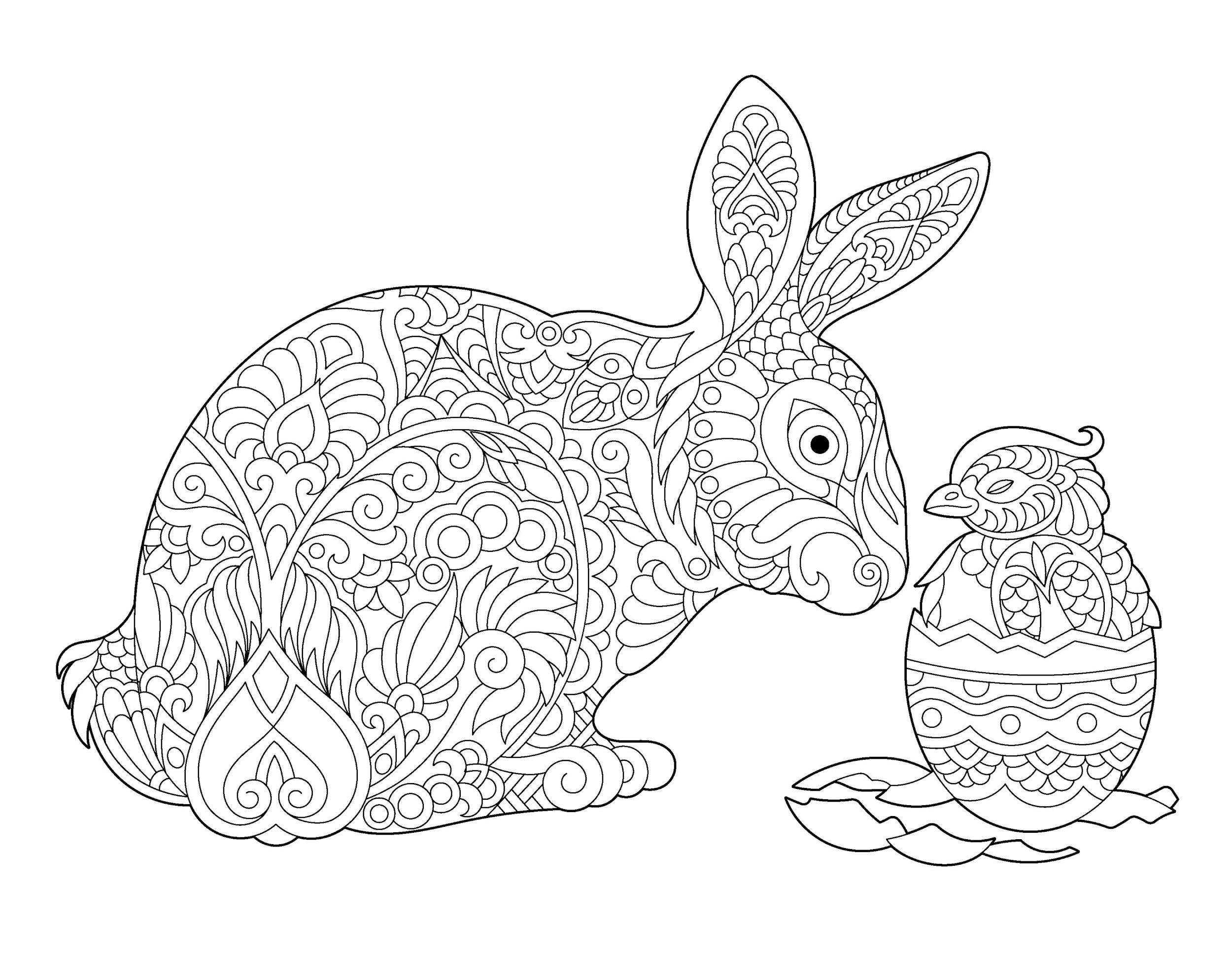 Раскраска Антистресс на Пасху кролик и цыпленок