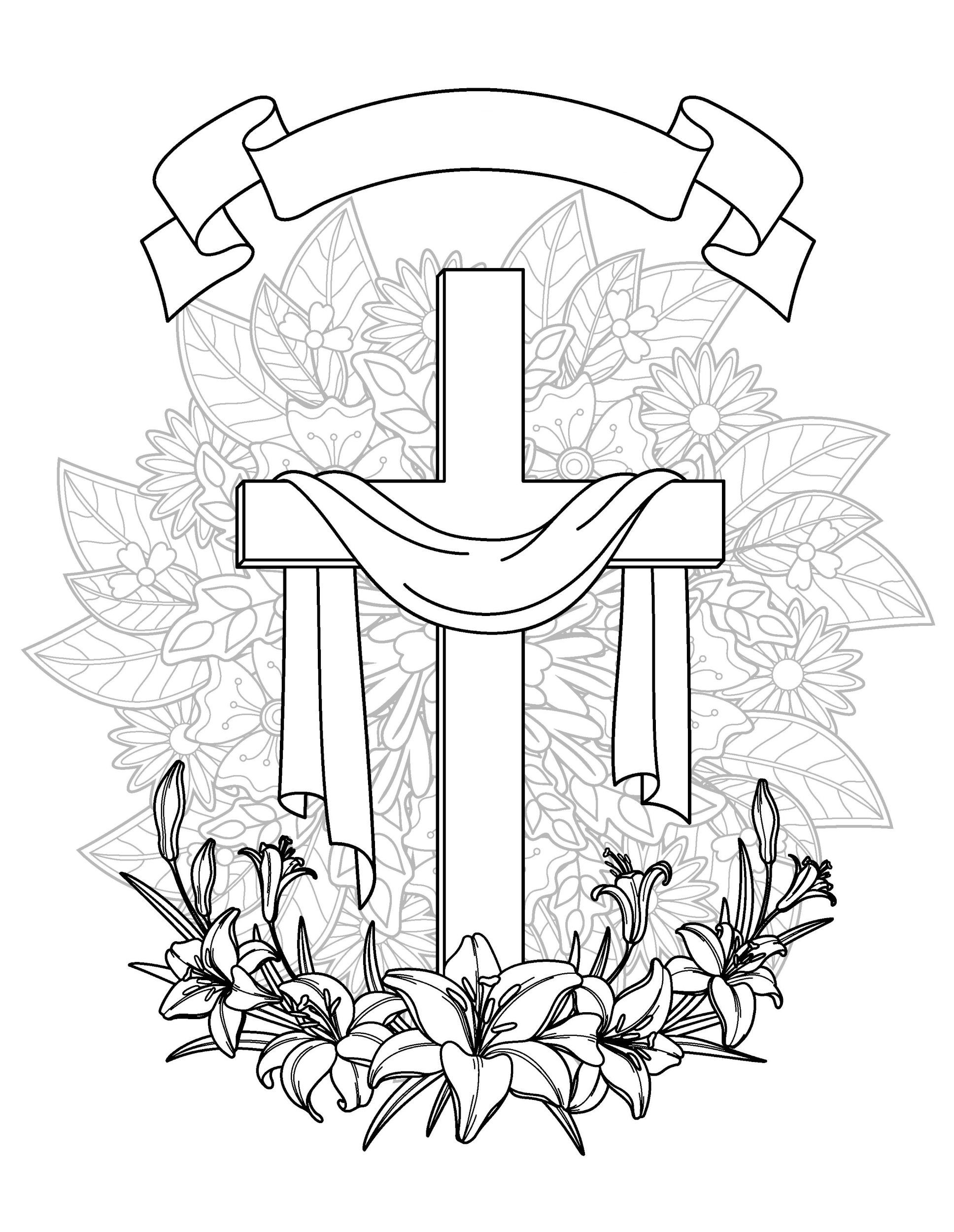 Раскраска Антистресс христианский крест и лилии