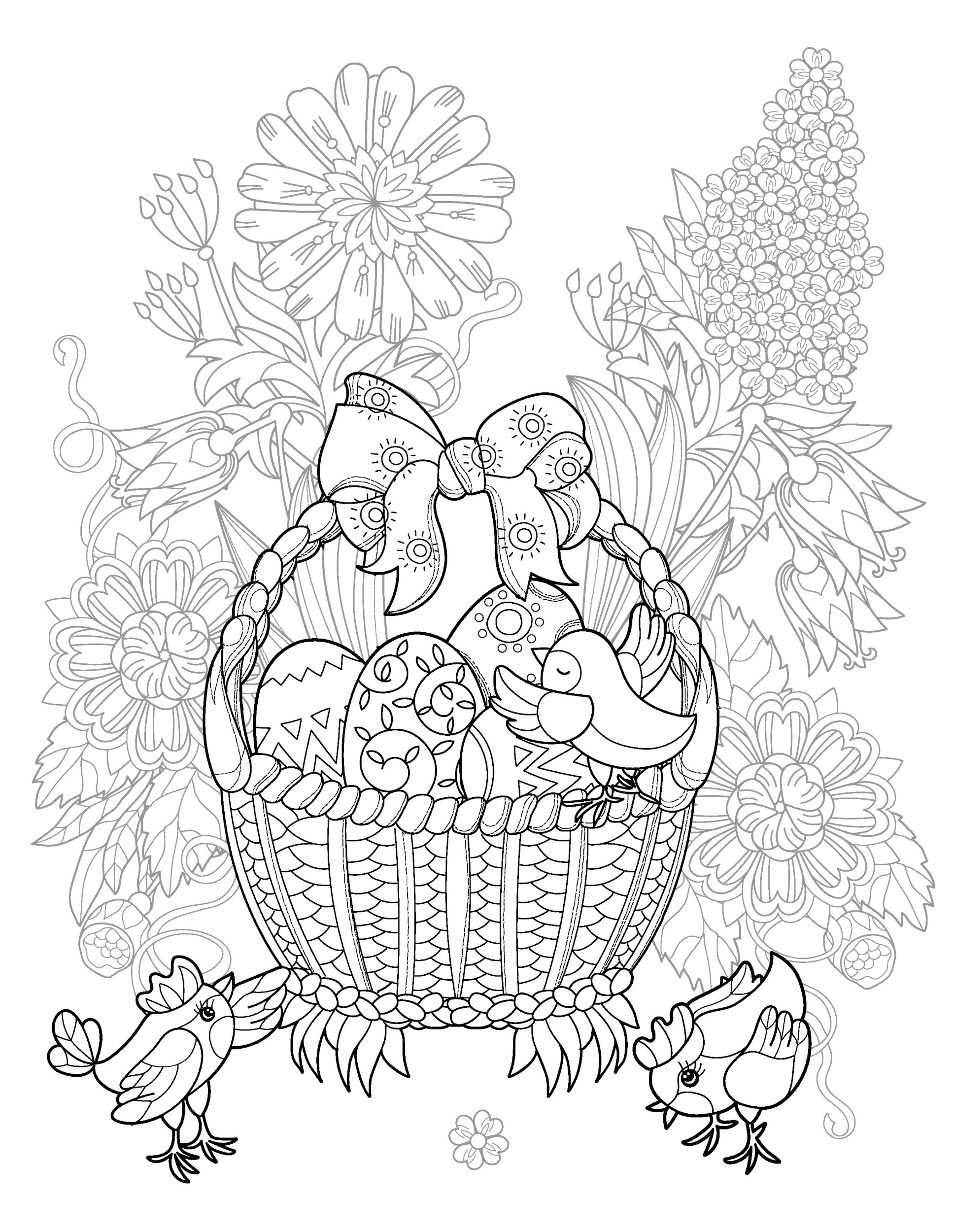 Раскраска Антистресс Корзина с пасхальными яйцами и птички