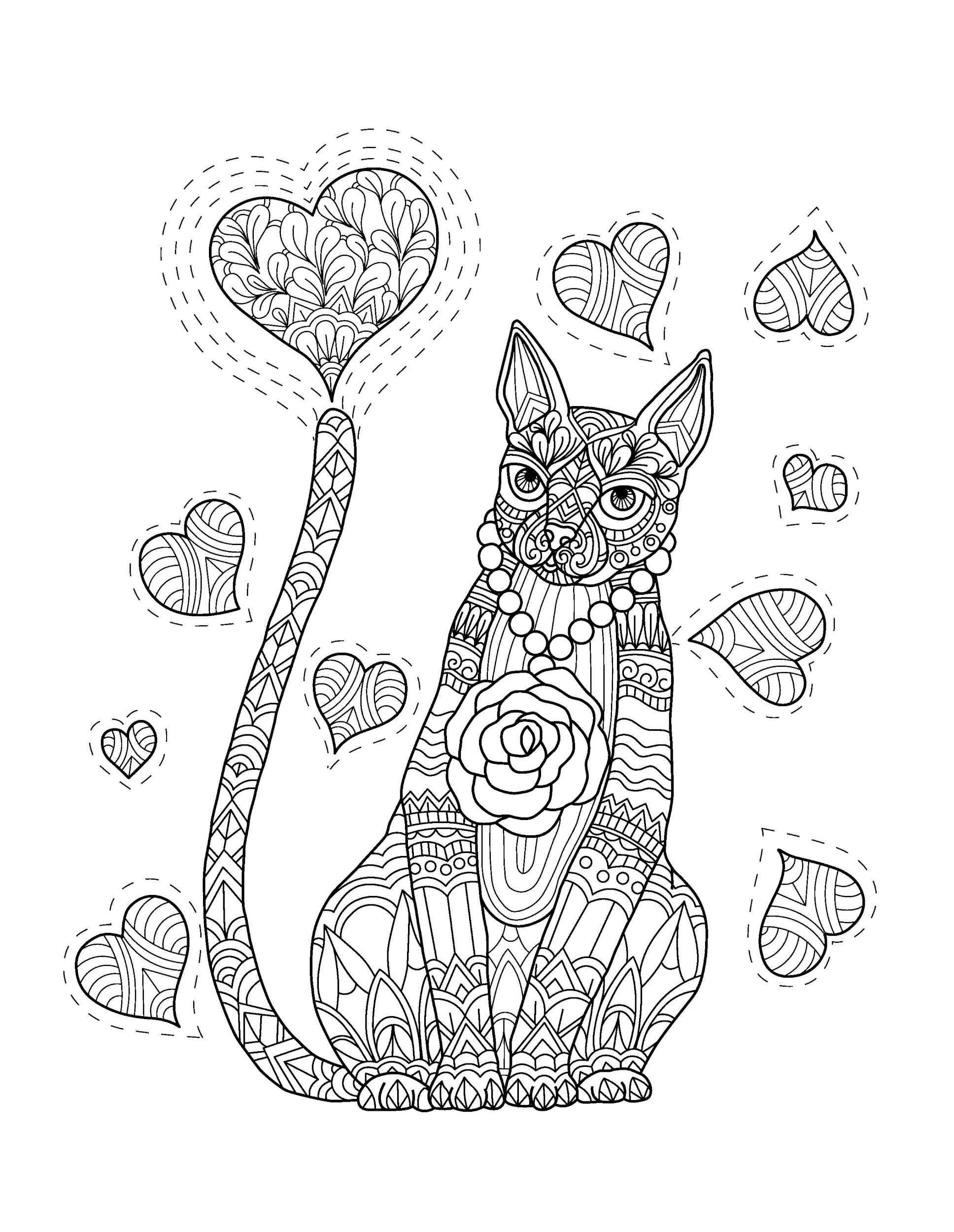 Раскраска Релакс кошка и сердца