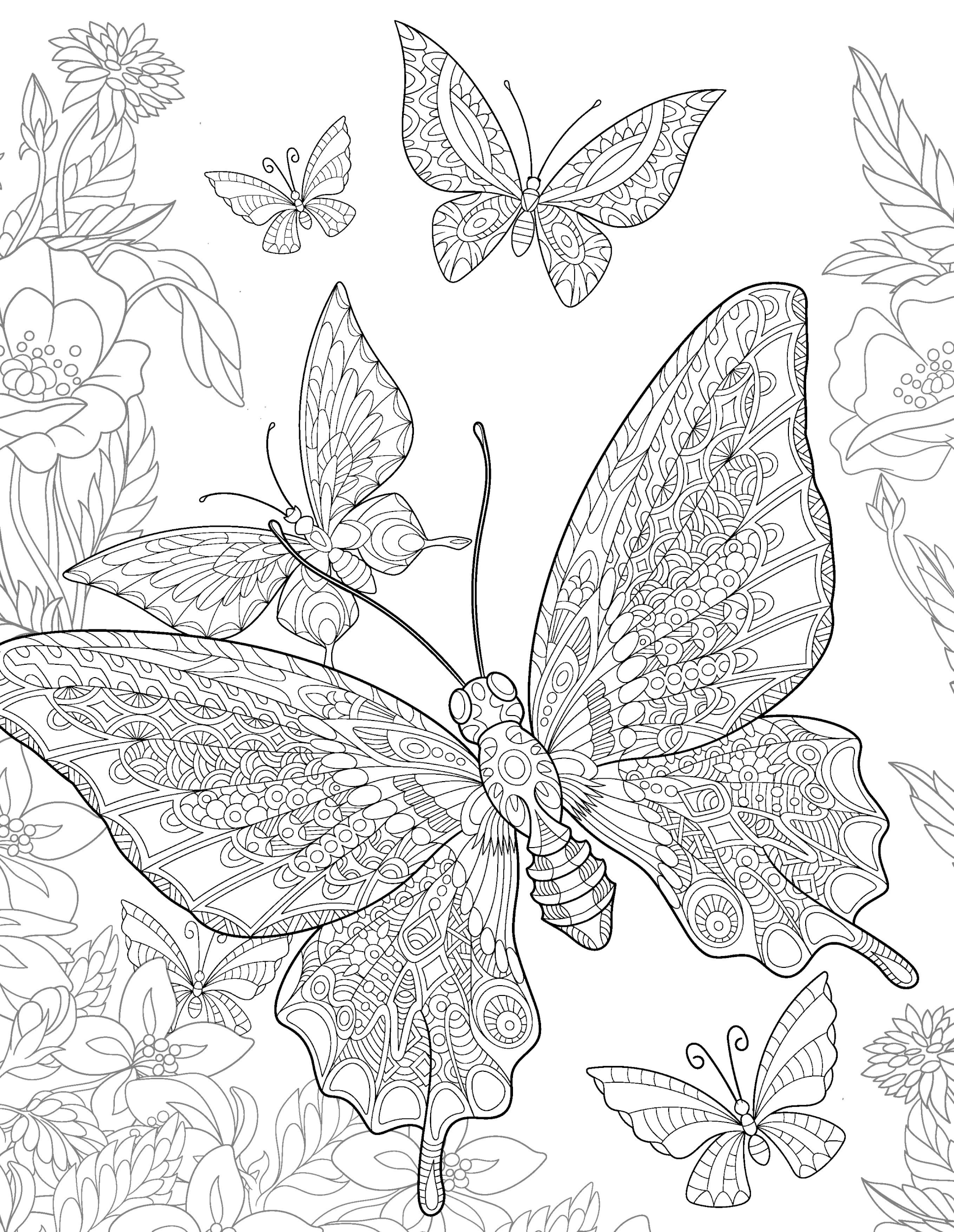 Раскраска Релакс бабочки и цветы