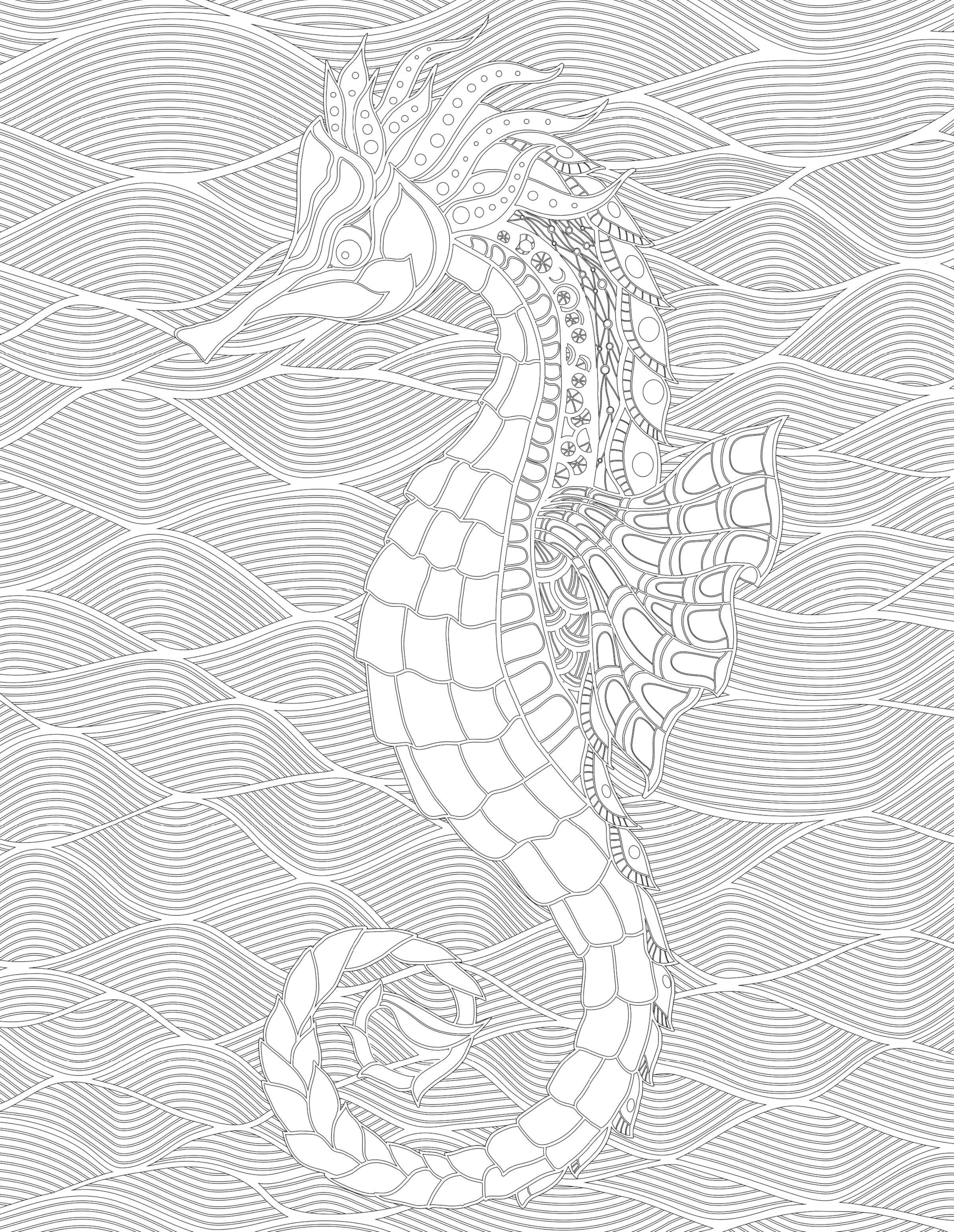 Раскраска Антистресс морской конек и волны