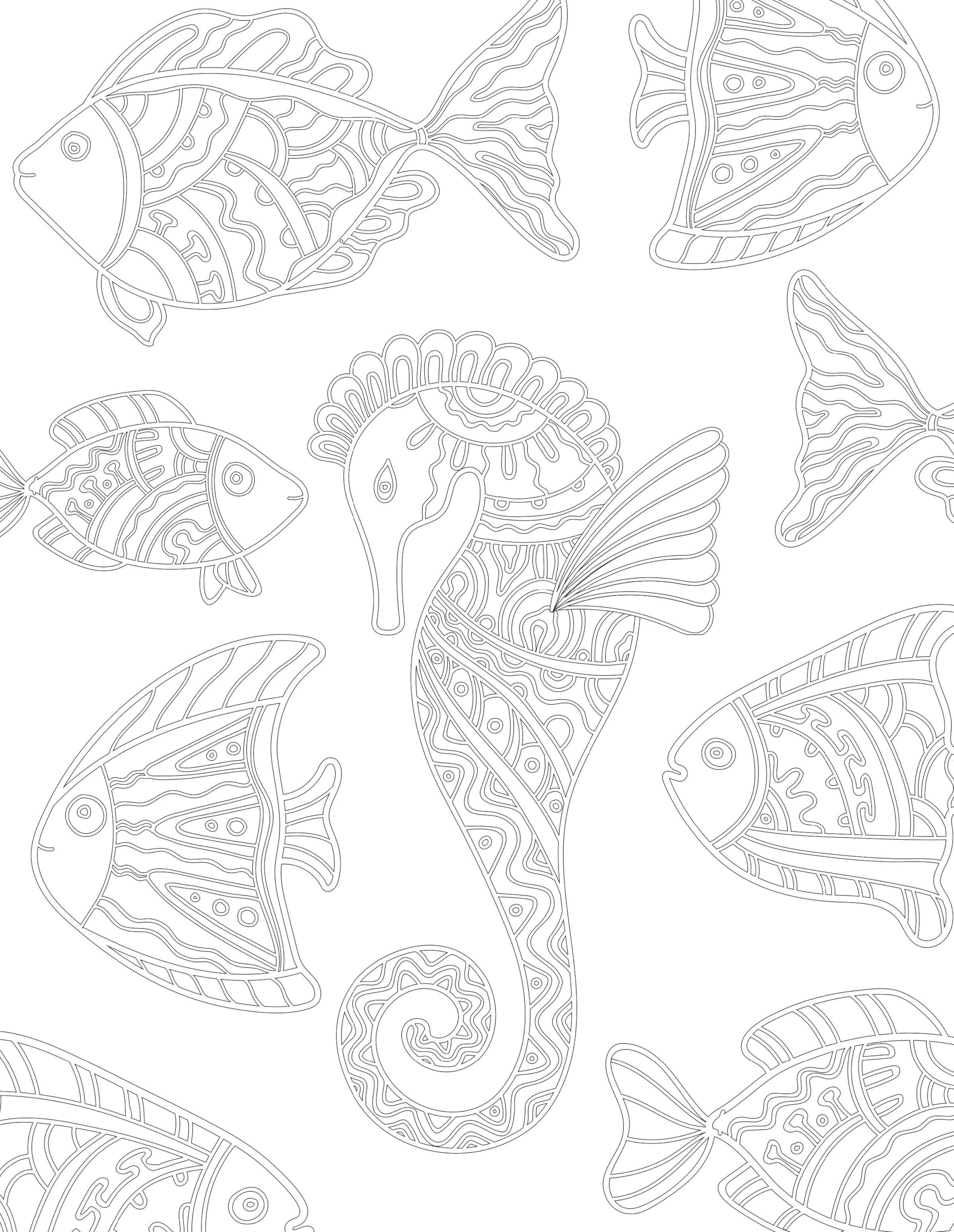 Раскраска Антистресс морской конек и рыбы