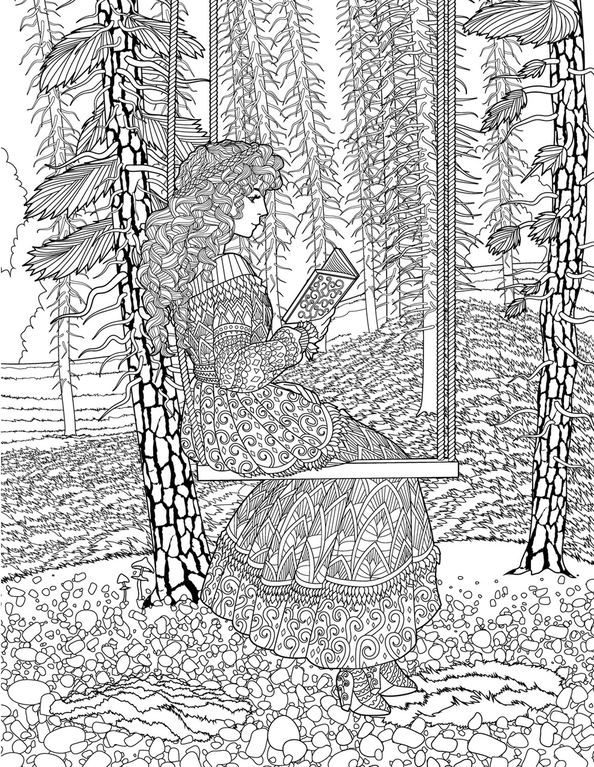 Раскраска Релакс девушка на качелях в лесу