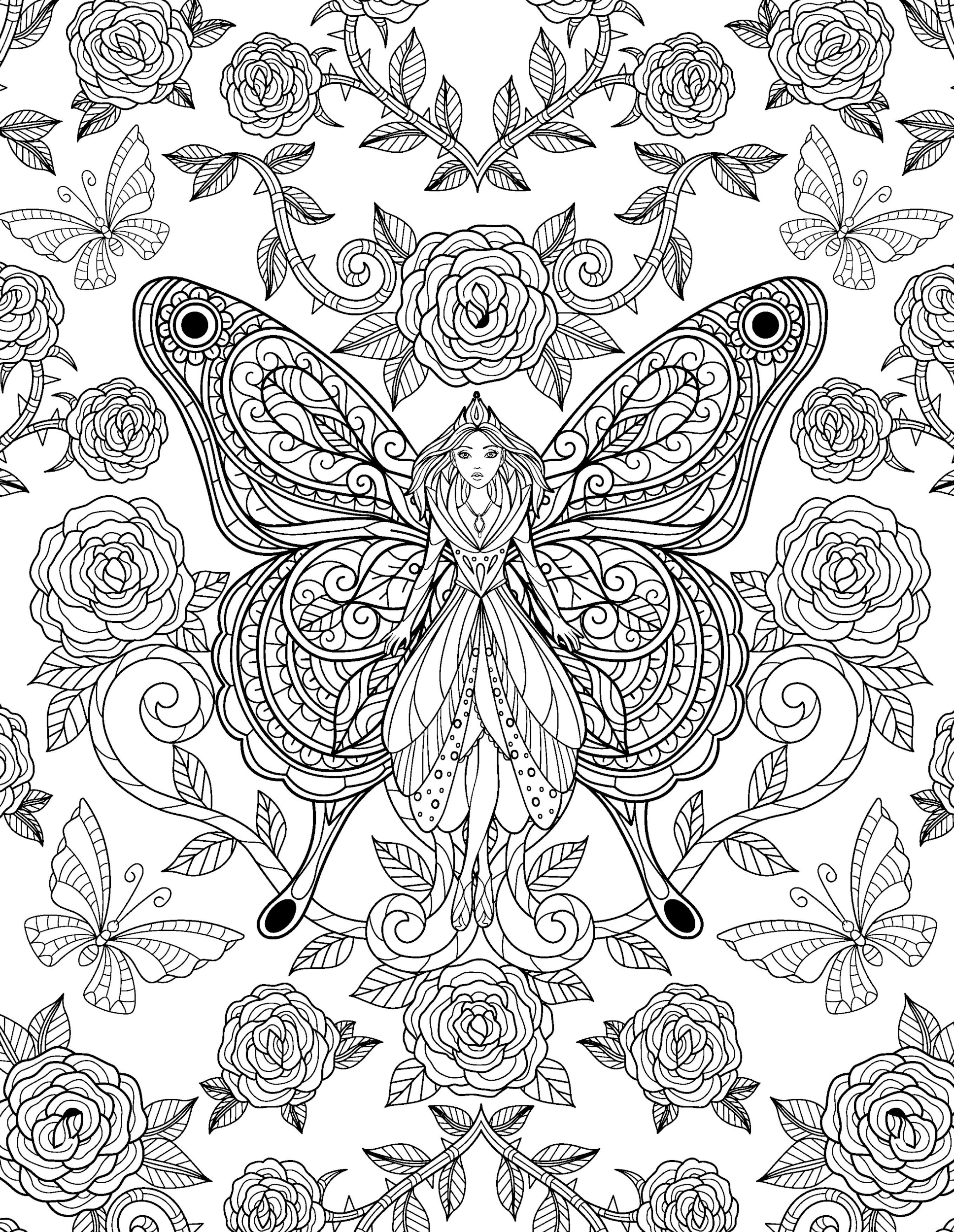 Раскраска Релакс фея, цветы и бабочки