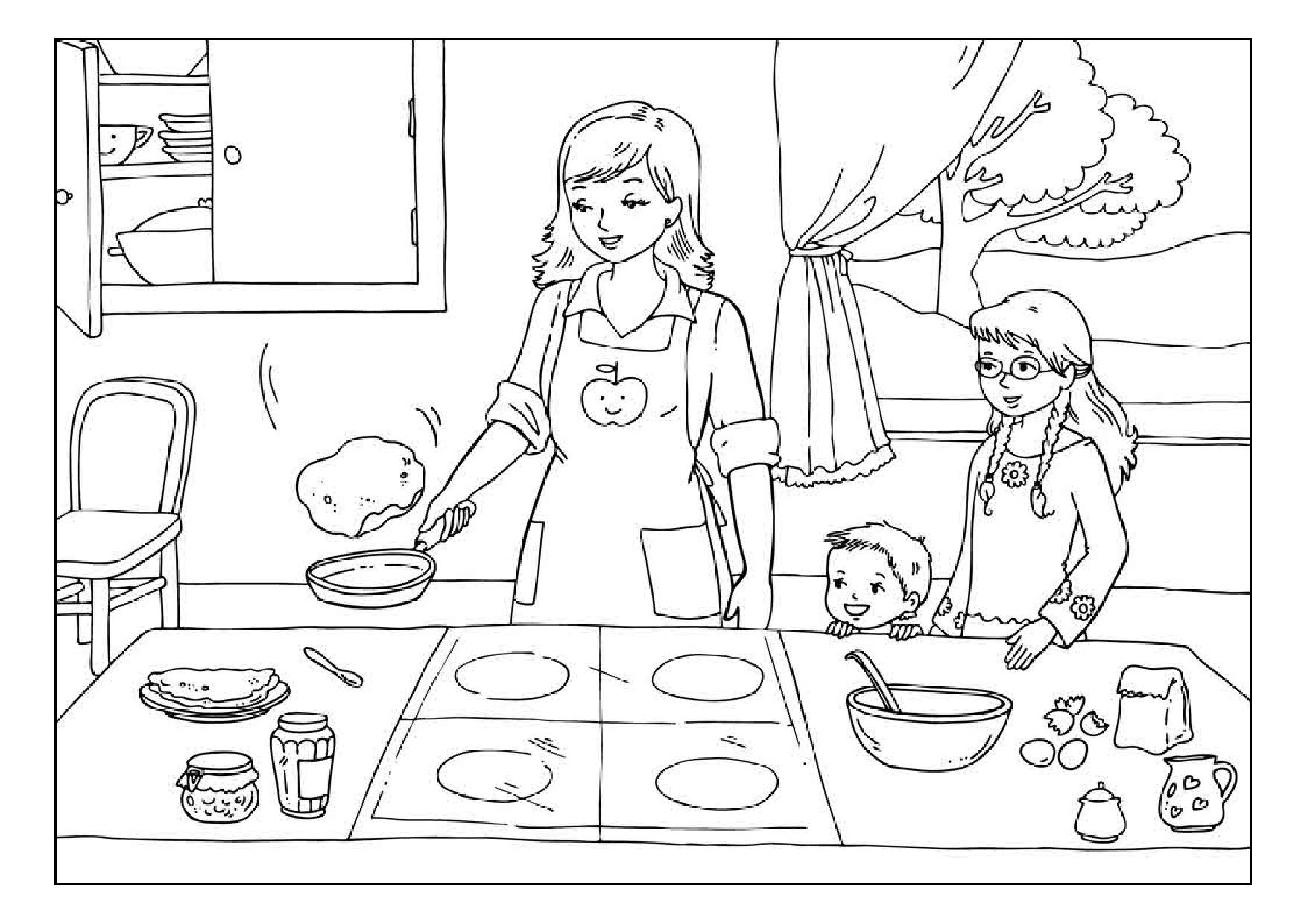 Мама готовит блины. Раскраска Масленица для детей. Рисунок на бытовую тему. Раскраска на тему Масленица. Раскраска кухня.