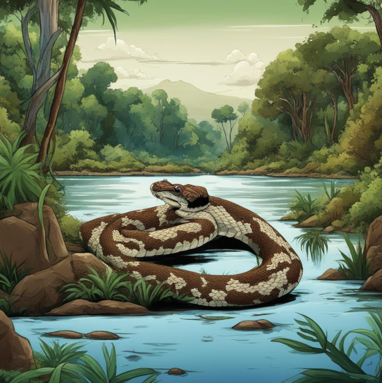 Страшная змея на берегу реки в Австралии рядом с джунглями.